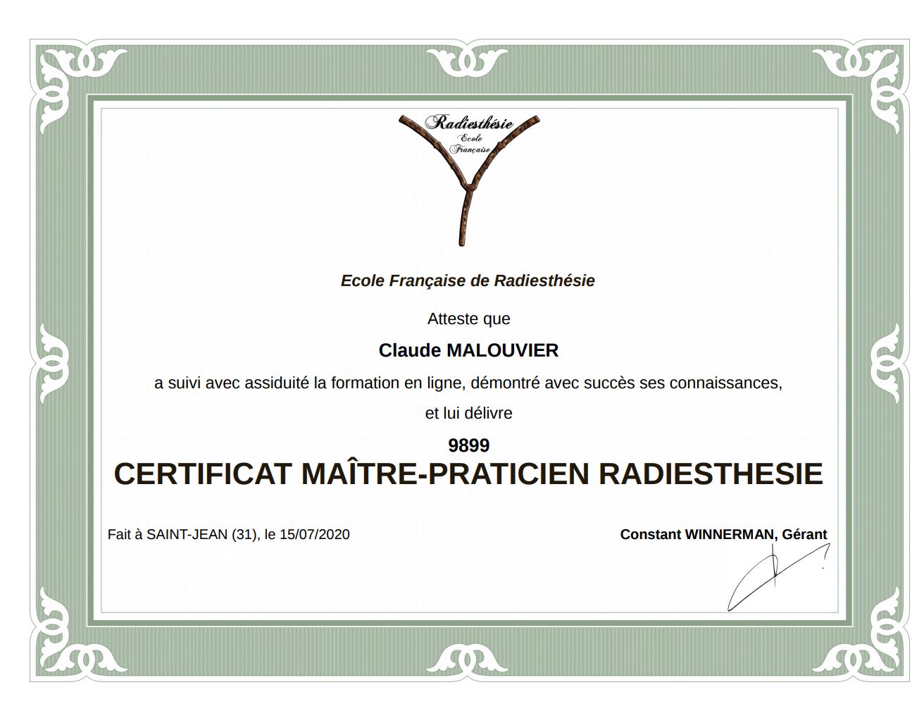 Certificat maître praticien radiesthésie - Claude Malouvier