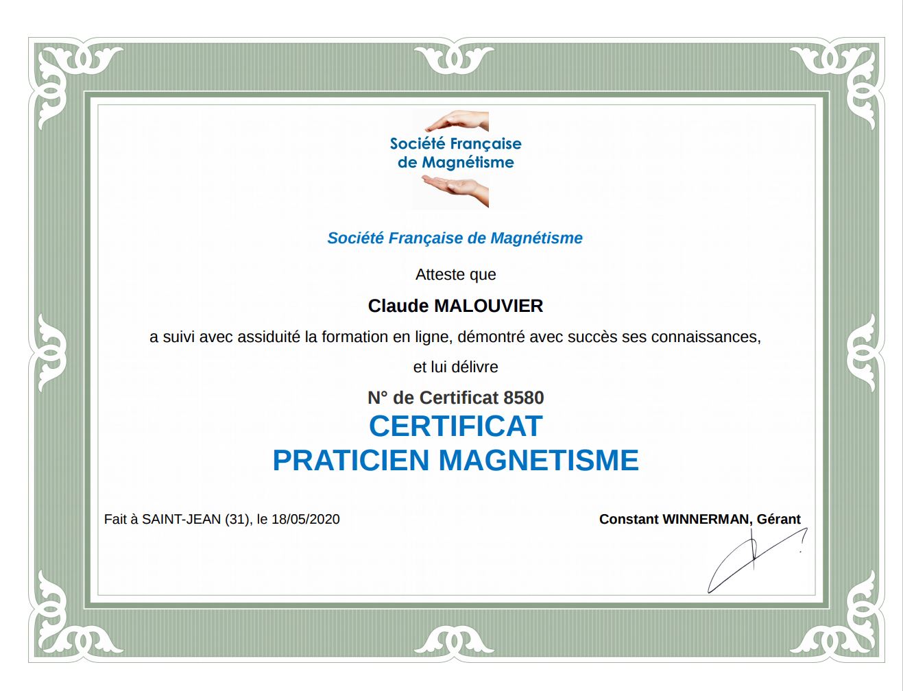 Certificat praticien magnétisme - Claude Malouvier